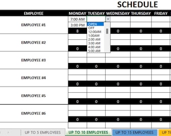 SCHEDULE TEMPLATE - excel  (Up to 5, 10, 15, 20, 25, 30 Employees)