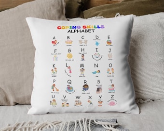 Coping Skills Alphabet Pillow Calm Corner Decor, Calming Corner Emotional Regulation ABC Play Pillow, Psychologist Therapy Office Decor Gift