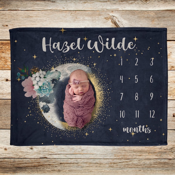 Boho Milestone Blanket Baby Girl, Celestial Crescent Moon Name Blanket, Babys First Days Monthly Blanket, Growth Tracker Newborn Shower Gift