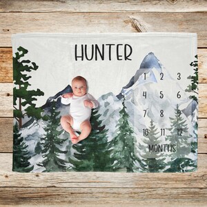 Forest Mountain Milestone Blanket Baby Boy Gift, Baby First Days Growth Track Blanket, Custom Name Blanket, Personalized Newborn Shower Gift