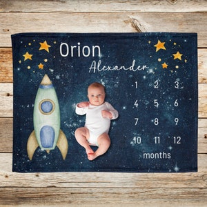 Regalo de niño de manta de hito espacial, manta de edad de bebé de luna y estrellas, manta de seguimiento de crecimiento de los primeros días de los bebés, regalo personalizado de baby shower para recién nacidos