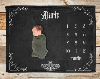 Baby First Days Goth Milestone Blanket, Alternative Baby Personalized Age Blanket, Gothic Baby Blanket Newborn Photo Prop Expecting Mom Gift