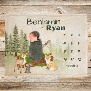 Woodland Forest Milestone Blanket Baby Boy Blanket, Custom Name, Baby&#39;s First Days, Monthly Growth Tracker, Personalized Newborn Shower Gift