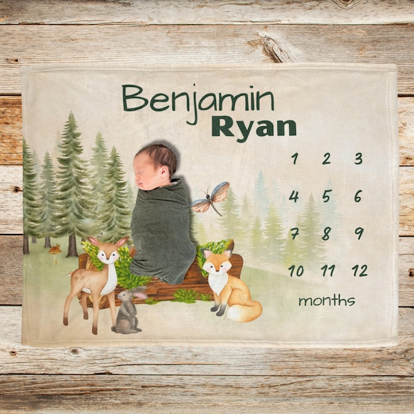 Woodland Forest Milestone Blanket Baby Boy Blanket, Custom Name, Baby's First Days, Monthly Growth Tracker, Personalized Newborn Shower Gift