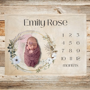 Boho Floral Milestone Blanket Baby Girl, Babys First Days Age Growth Tracker, Watch Me Grow Monthly Blanket Personalized Newborn Shower Gift