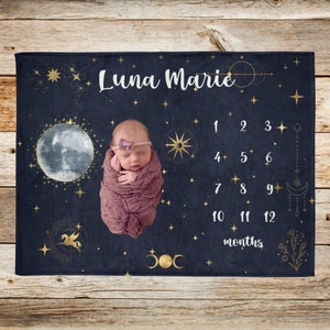 Manta de hito Boho Celestial Manta personalizada para la edad del bebé Estrella y Luna Recién nacido Bebé Primeros días Rastreador de crecimiento Regalo personalizado de baby shower