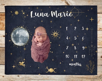 Milestone Blanket Boho Celestial Custom Baby Age Blanket Star and Moon Newborn Baby First Days Growth Tracker Personalized Baby Shower Gift