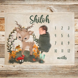 Deer Milestone Blanket, Woodland Baby Name Blanket, Baby&#39;s First Days, Monthly Growth Tracker, Newborn Shower Gift, Custom Personalized Gift
