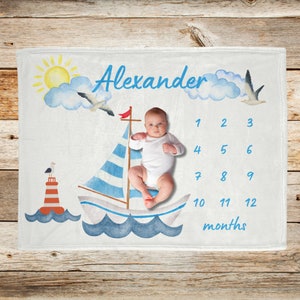 Segelboot Meilenstein Decke Personalisierte Wachs-Baby-Monats-Decke Nautisches Babygeschenk, Erste Tage des Ozean-Babys, Neugeborenen-Babypartygeschenk