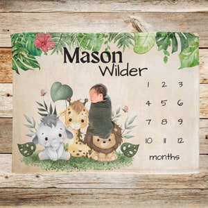Milestone Blanket Safari Animal, Baby Boy Age Blanket Custom Name, Baby&#39;s First Days, Jungle Growth Tracker Personalized Newborn Shower Gift