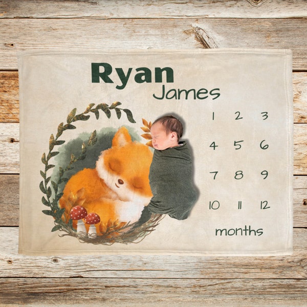 Milestone Baby Blanket Woodland Fox, Boy Name Blanket, Baby's First Days, Monthly Growth Tracker, Newborn Shower Gift, Custom Personalized