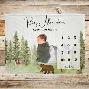 Berg Meilenstein Decke Junge Baby, Benutzerdefinierte Baby Decke, Baby Altersdecke, Wald Abenteuer Monatliches Wachstums Tracker Neugeborenen Dusche Geschenk