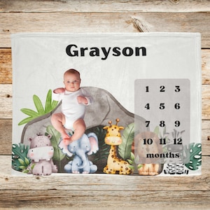 Jungle Safari Baby Milestone Blanket Custom Baby Name Blanket Boy Baby Shower Gift Newborn Monthly Growth Tracker Keepsake Personalized Gift