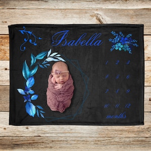 Baby Milestone Blanket Gift, Bright Blue Floral Blanket, Babys First Days Watch Me Grow, Monthly Growth Tracker Blanket, Newborn Shower Gift
