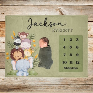 Safari Jungle Milestone Blanket Boy Baby, Custom Name Blanket, Baby&#39;s First Days, Monthly Growth Tracker, Personalized Newborn Shower Gift