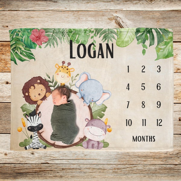 Milestone Blanket Boy Safari Animal, Baby Age Blanket Custom Name, Baby's First Days, Jungle Growth Tracker Personalized Newborn Shower Gift