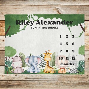Jungle Milestone Baby Blanket, Boy Baby Custom Name Blanket, Baby Shower Gift, Newborn Keepsake Gift, Personalized Month Age Growth Tracker