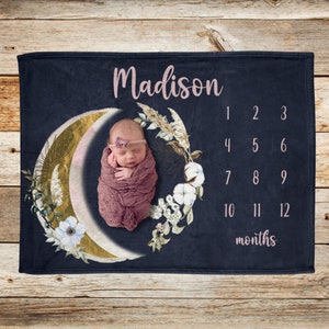 Crescent Moon Baby Milestone Manta Boho Girl Growth Track Bebés Primeros días Mírame crecer Manta mensual Regalo de ducha para recién nacidos personalizado