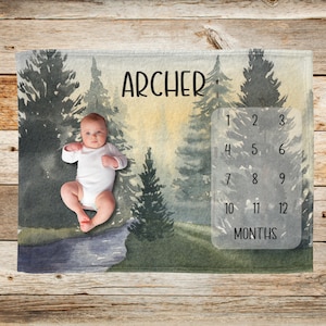 Mountain Milestone Blanket Baby Boy, Forest Woodland Monthly Growth Blanket Milestone New Baby Boy Blanket, Personalized Newborn Shower Gift