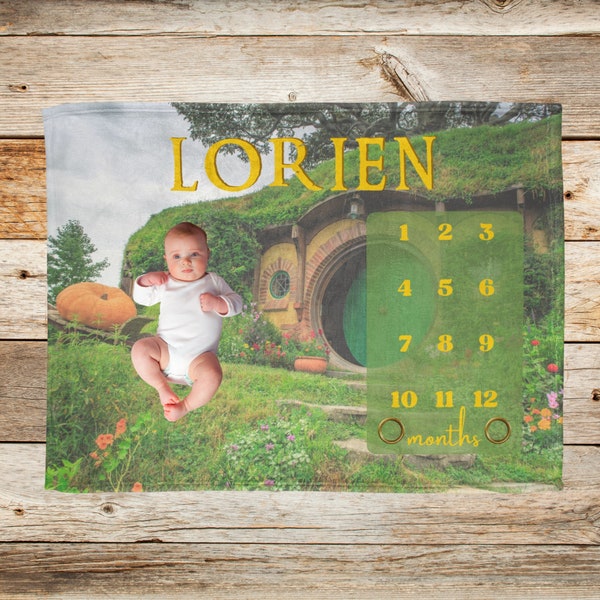 Hobbit Hole Baby Milestone Blanket, LoTR Gift, Custom Name Blanket, Personalized Growth Track Blanket, Nerdy Baby Gift, Newborn Shower Gift