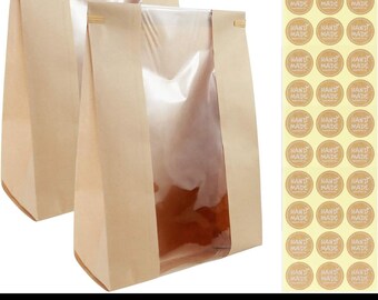 50-Pack Large Kraft Paper Bread Bags with Clear Window - Brown Bakery Packaging + 60 Label Stickers