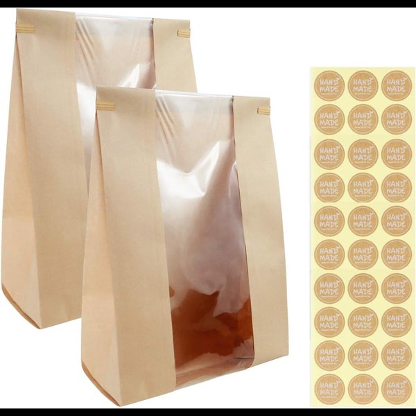 50-Pack Large Kraft Paper Bread Bags with Clear Window - Brown Bakery Packaging + 60 Label Stickers