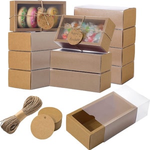 50 Sets Square or Rectangular Rectangle Kraft Drawer Boxes with Matte Texture Drawer Blank Round Tags and Jute String for