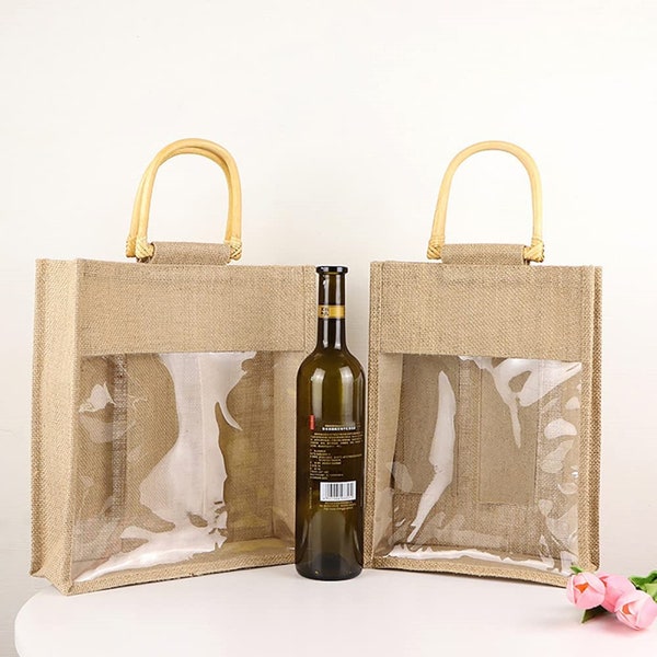 Burlap Wine Bottle Bag Jute Wine Bottle Tote with Cane Handle Gift Packaging Wine Bag Gift Bag Candy Bag for Christmas Holiday Decorations