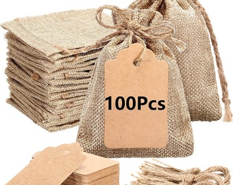 3,5x5", 100Pcs Burlap Gift Bags and 100Pcs Gift Tags, Art and DIY Craft, Burlap Bags with Drawstring, Gift bags jute