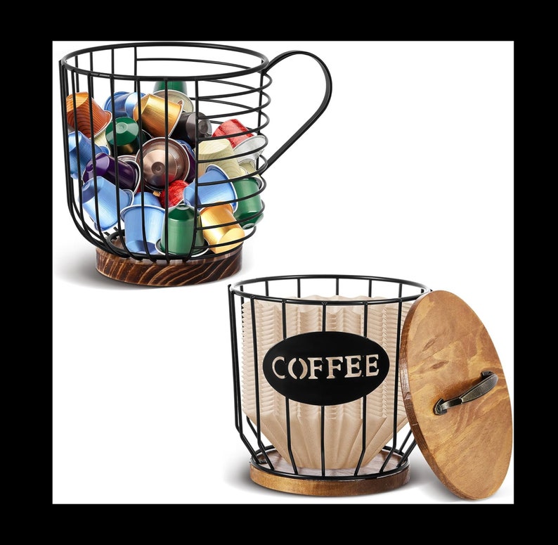 2 Pcs Coffee Pod Holder With Wooden Lid Large Capacity Black Wire Coffee Holder Storage