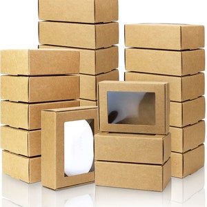 50 or 100 Pack Small Rectangle Kraft Paper Boxes with Clear Windows,3.33" x 2.35" x 1.18", Brown and black gift boxes