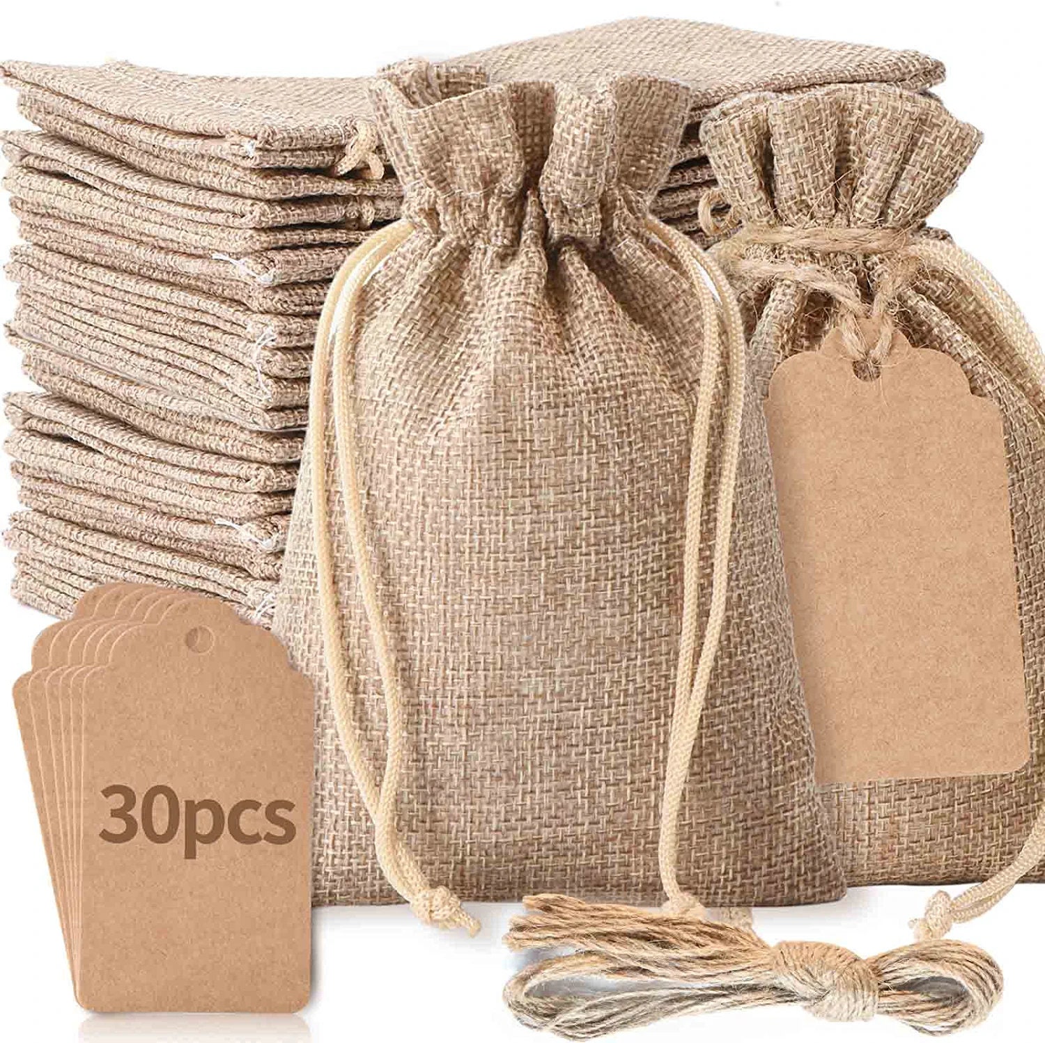 50x Burlap Bags with Drawstring by Kona Kift 5x75 Small Party Favor Gift  Bags  Bonus Gift Tags  String Brown Bags Bulk Small Size for Birthday  Bag Craft Bags Or Party