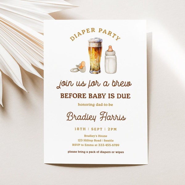 Diaper Party Invite Template, Printable Beer Diaper Party Invitation, Editable Brews and Bottles Men's Baby Shower Evite | DYLAN