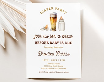 Diaper Party Invite Template, Printable Beer Diaper Party Invitation, Editable Brews and Bottles Men's Baby Shower Evite | DYLAN