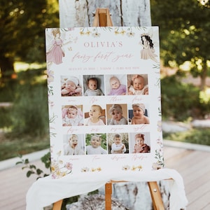 Modelo de sinal de marco, quadro de fotos de marco de primeiro ano de fada, quadro de marco de fada para impressão, primeiro aniversário de fada | fada
