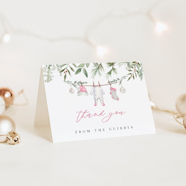 Pink Winter Baby Shower Thank You Card Template, Printable Christmas Baby Shower Foldable Thank You Card with Photo | CHRISSY