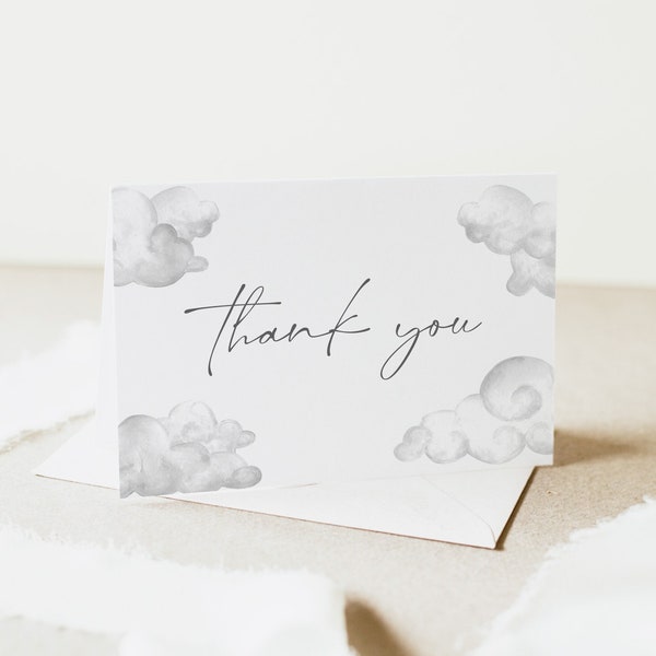 Cloud Baby Shower Thank You Card, We're on Cloud 9 Thank You Card, Cloud Bridal Shower Printable Thank You Notes, White Cloud Nine | THERESA
