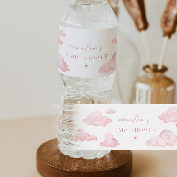 Cloud 9 Water Bottle Labels, Printable Baby Shower Water Label Template, Pink We're on Cloud 9 Baby Shower Decorations | THERESA