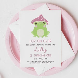 Mushroom Frog Birthday Invitation, Cute Pink Kawaii Frog Birthday Invite, DIY Editable Template, Kid&#39;s Toad Birthday Evite | Lilly