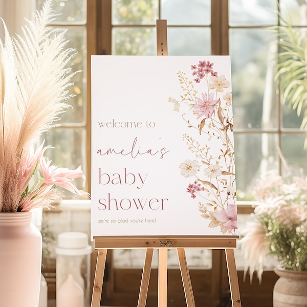 Wildflower Baby Shower Welcome Sign Template, Boho Baby in Bloom Baby Shower Welcome Sign, Printable Wildflower Baby Shower Decor | Harlow