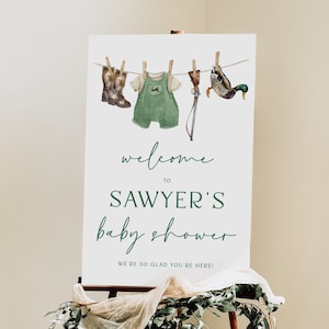 Modèle de plaque de bienvenue pour baby shower chasseur, panneau modifiable pour baby shower de petit chasseur, imprimable décoration à saupoudrer de bébé chasseur | Beau