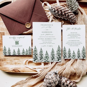Winter Wedding Invitation Template, Editable Christmas Wedding Invitation Suite, Snowy Fir Trees Wedding Invite | JUNIPER