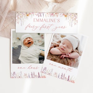 Cartes à photos marquant le premier anniversaire de la fée, modèle de bannière marquante du premier anniversaire de la fée, modèle de bannière d'événement marquant de fleurs sauvages | EMMALINE
