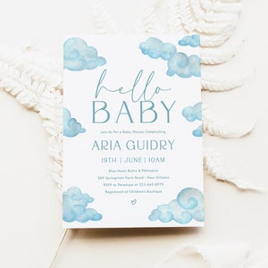 Hello Baby Shower Invitation Template, Cloud 9 Baby Shower Invitation, Blue Cloud Baby Shower, Editable Boy Baby Shower Invite | Aria