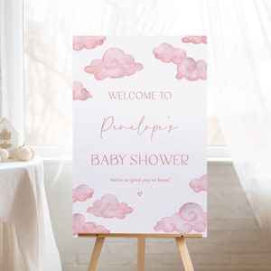 Roze wolk 9 baby shower welkom teken sjabloon, we zijn op cloud 9 baby strooi decor, afdrukbare meisje baby shower teken | Aria