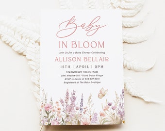 Baby in Bloom Invitation Template, Printable Wildflower Baby Shower Invitation, Editable Butterfly Baby Shower Invitation, Evite | EMMALINE