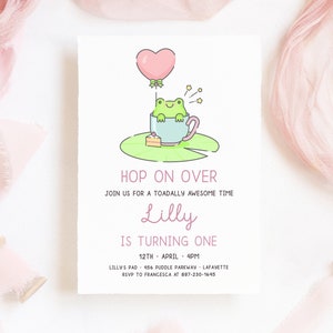 Frosch-Geburtstagseinladung, süße rosa Kawaii-Frosch-Geburtstagseinladung, DIY bearbeitbare Vorlage, Kinder-Kröte-Geburtstags-Evite | Lilly