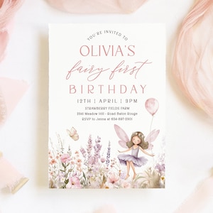 Fairy First Birthday Invitation Template, Printable Wildflower Fairy 1st Birthday Invite, Floral Garden Fairy Birthday Invitation | EMMALINE