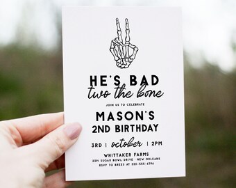 Halloween 2nd Birthday Invitation, He's Bad Two the Bone, Editable Skeleton Halloween Invitation Template, Boy Birthday Invite JACK