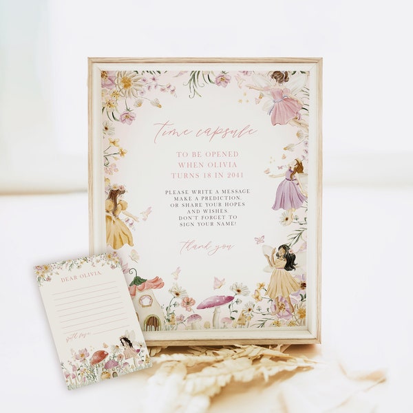 Fairy First Birthday Time Capsule Sign and Card Template, Wildflower Fairy 1st Birthday Time Capsule Printable, Instant Download | FAY